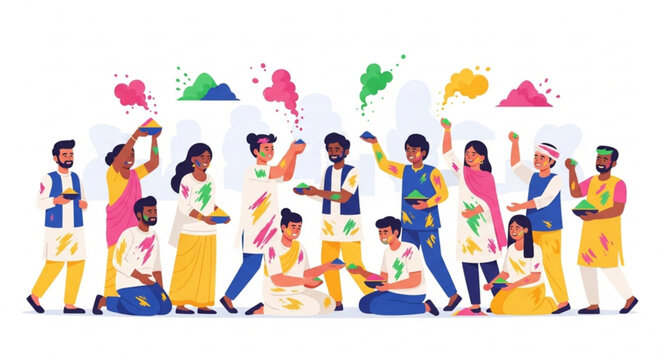 Diverse group of people celebrating holi festival with colorful powders joyful atmosphere vibrant clothing