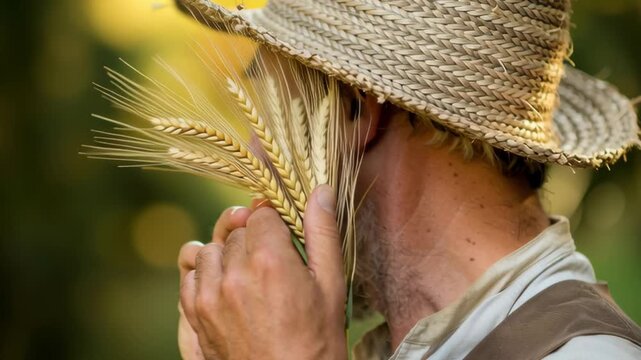 Farmer holding wheat in a field during sunset in a rural area
