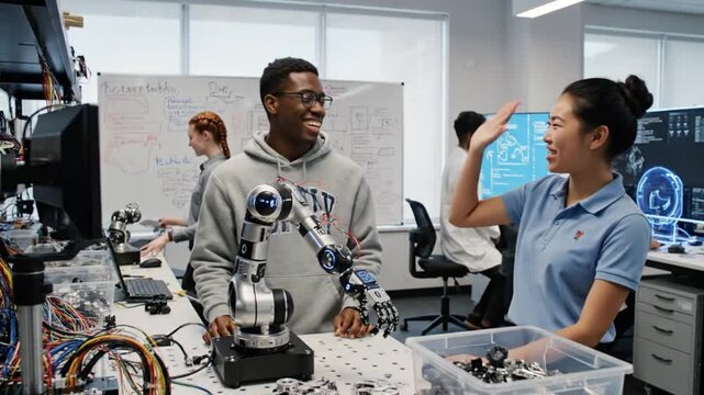 Engineers Collaborating On Robotic Arm Prototype In Lab.