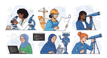 Diverse women in stem fields scientists engineers and researchers working with lab equipment and technology © Anisha