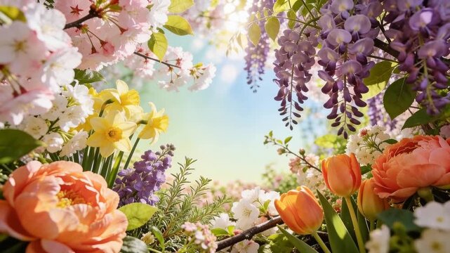 Funny bunny in the spring garden. Animated fluffy rabbit jumping among fresh blooming flowers and trees. Concept of joyfull spring holidays
