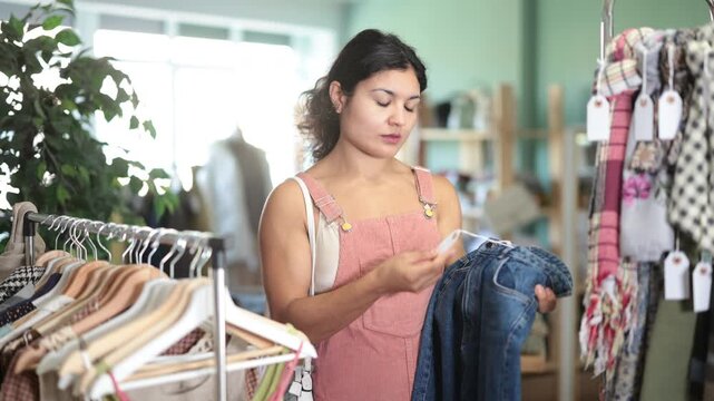 Positive young woman chooses fashionable jeans in a clothing store. High quality 4k footage
