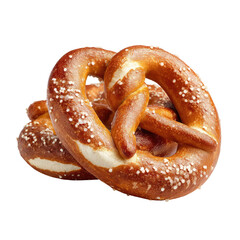 Two pretzels, slightly overlapping, with a golden-brown crust and a light-colored, airy interior.  Sprinkled with salt