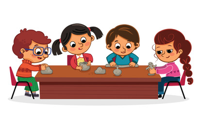 Kids Playing with Clay Clipart &ndash; Preschool Craft Activity Illustration.A cute illustration of children sitting together and playing with clay, encouraging creativity, fine motor skills.