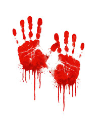 Two bloody handprints dripping crimson against a black background