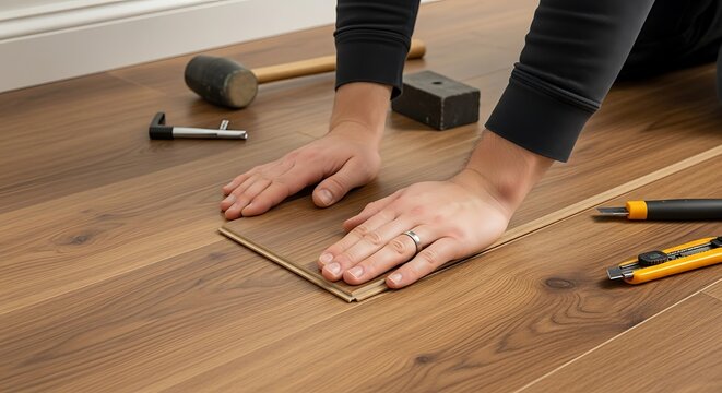 Professional laying laminate flooring, installing with hammer and tools