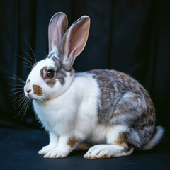 Obraz premium A white and brown rabbit with large ears standing in front of a dark background
