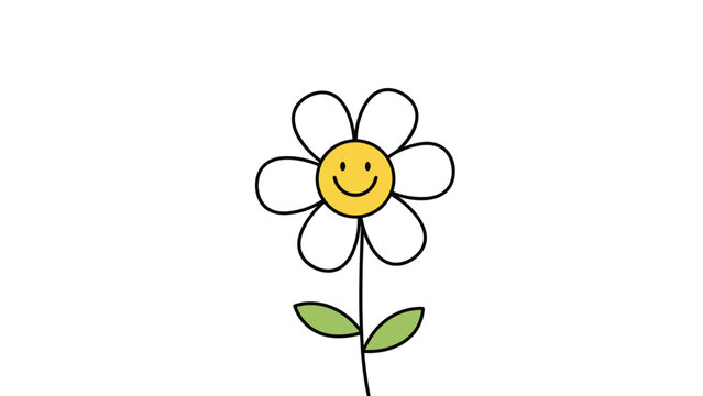 Cheerful illustration of a white daisy flower with a bright yellow center and a happy smiling face on its core.