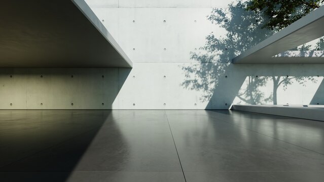 Abstract architecture background, White Concrete Wall  on empty concrete floor, Modern Exterior Entrance, Scene for car presentation, 3D rendering