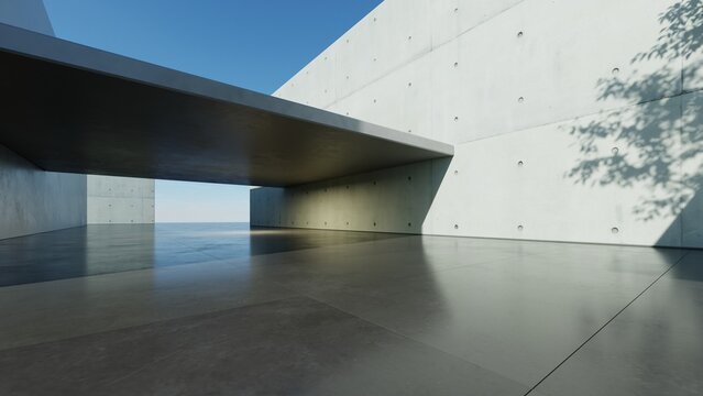Abstract architecture background, White Concrete Wall  on empty concrete floor, Modern Exterior Entrance, Scene for car presentation, 3D rendering