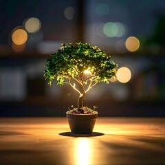 Illuminated bonsai tree in a pot, indoors with bokeh background