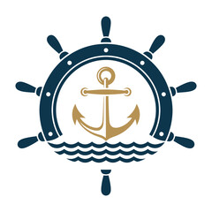 Nautical ship wheel with anchor and waves design element maritime symbol icon © designer_hubs