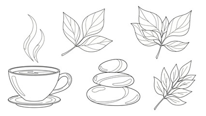 Minimal line art illustration featuring tea cups, smooth stones, and delicate leaves arranged in a calm and balanced composition. This artwork represents relaxation, mindfulness, self-care, and peacef