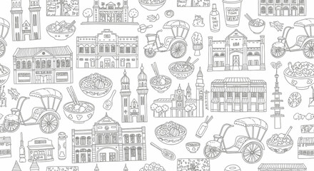 Food and Landmarks Illustration in Urban Setting