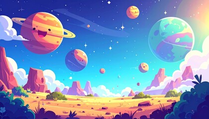 Naklejka premium Vibrant Cartoon Landscape with Planets and Desert Terrain.