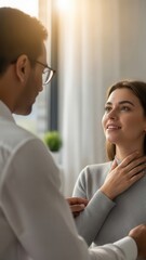 Doctor examining patient throat in soft light