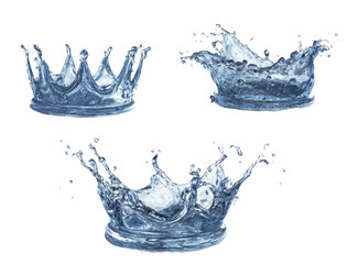 Three water splashes shaped like crowns, light blue in color, isolated on black background