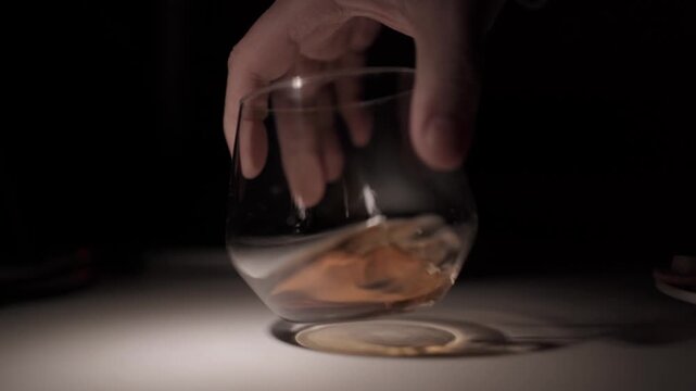 Hand Setting Down Glass of Cognac in Low Light Close Up