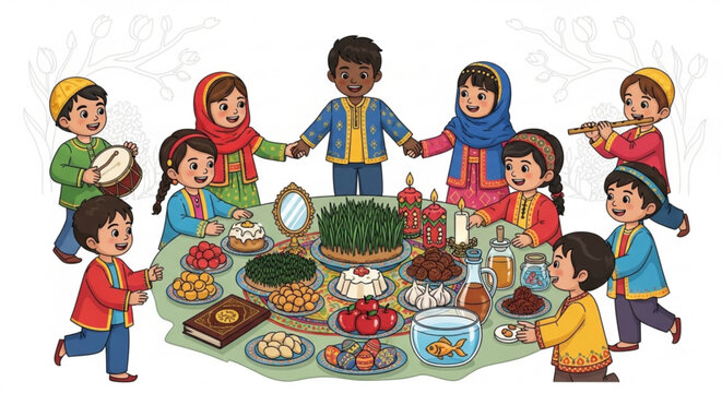 Diverse group of children celebrating nowruz around a festive table with traditional food and decorations