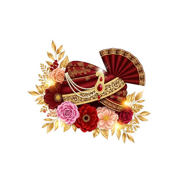 Floral Red Indian Groom Sehra Turban with Roses, Pearls, and Gold Embroidery - Transparent PNG
