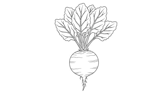 Detailed black and white line art illustration of a whole beet with its leaves attached for botanical and food studies.