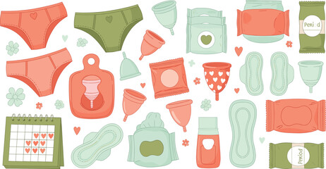 Feminine hygiene and menstrual products icon set with reusable pads, cups and underwear in soft pastel flat vector style © MstMukta