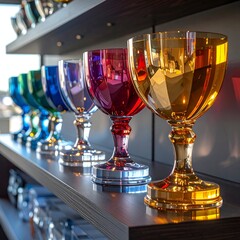 Array of colorful goblets lined up on a shelf, lit by natural light