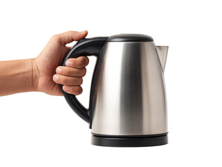 Hand holding a stainless steel electric kettle