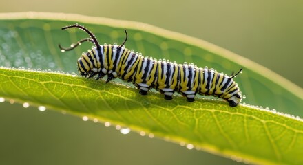Naklejka premium Monarch caterpillar with dew on leaf surface displaying vibrant stripes in natural habitat close-up