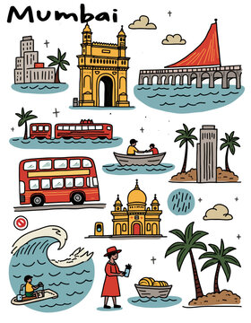 Mumbai City Travel Doodle Illustration with Landmarks, Street Culture and Urban Icons