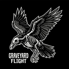 Fototapeta premium Flying Skeleton Raven Bird Over Graveyard Gothic Design
