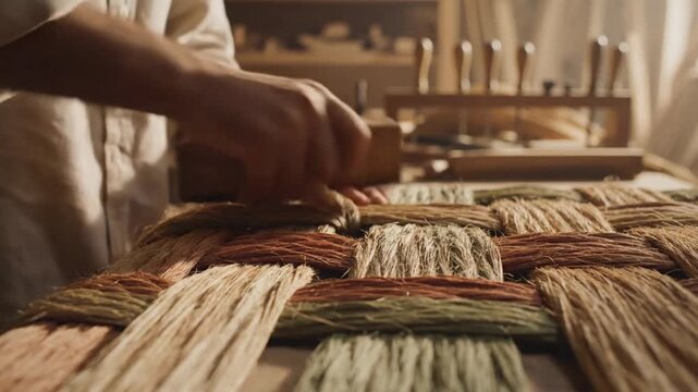 Hands Weaving Natural Fiber Chair Seat on Traditional Loom.