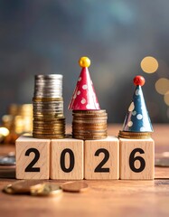 Wooden blocks spelling "2026" with coins and party hats, celebratory concept