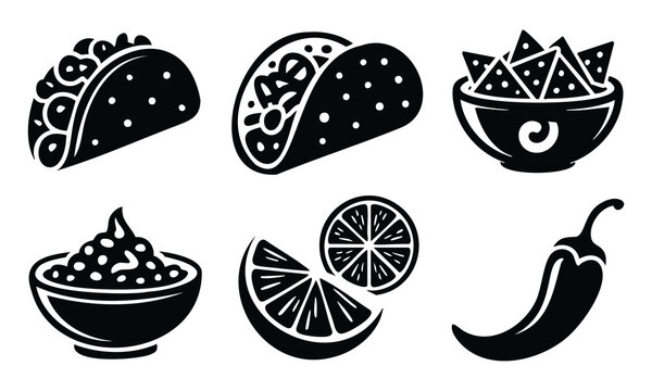 Mexican food vector icons set: tacos, nachos, guacamole, lime slices, chili pepper in black and white, isolated on white