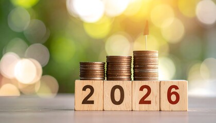 Stacks of coins on wooden blocks with "2026", growth concept