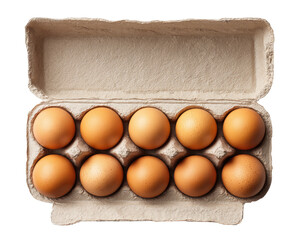 Top-down view of a carton of twelve eggs.  The cardboard carton is light beige, and the eggs are various shades of light brown.  A perfect arrangement fills the carton's compartments