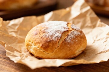 Fototapeta premium Fresh Rustic Bread Roll on Parchment Paper with Warm Bakery Light