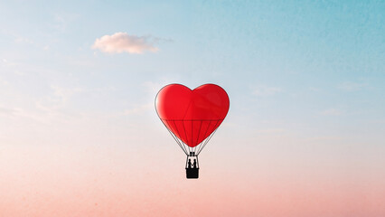 Obraz premium Red heart hot air balloon flying in serene sky with a couple. Romantic journey and love adventure concept during a beautiful sunset.