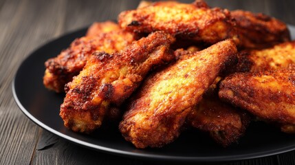 Fototapeta premium Close up view of fried chicken wings on a black plate