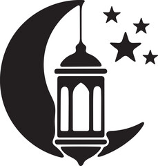 Islamic crescent moon with a hanging lantern and stars illustration