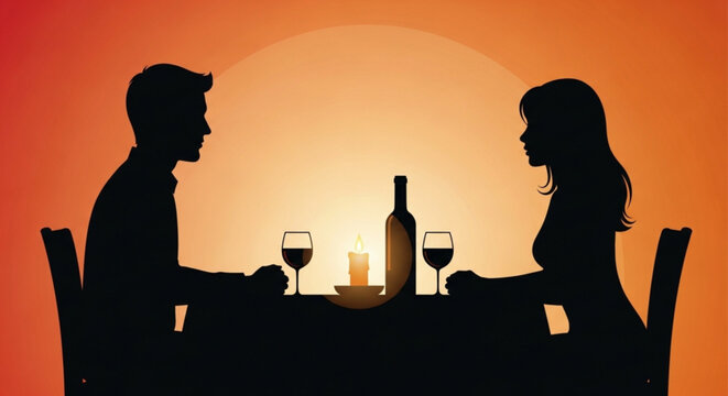 Silhouette couple enjoying romantic dinner date wine bottle and candle on table sunset background love concept
