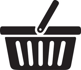 Simple black and white icon of a picnic basket with a handle