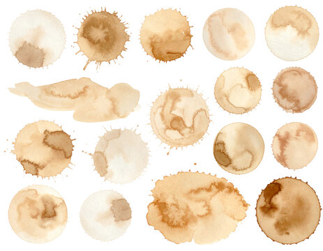 Set of abstract watercolor beige and brown splashes or coffee stains isolated on white background