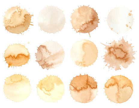 Set of abstract watercolor beige and brown splashes or coffee stains isolated on white background