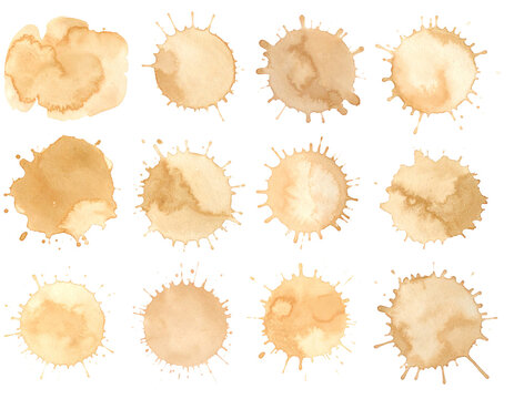 Set of abstract watercolor beige and brown splashes or coffee stains isolated on white background