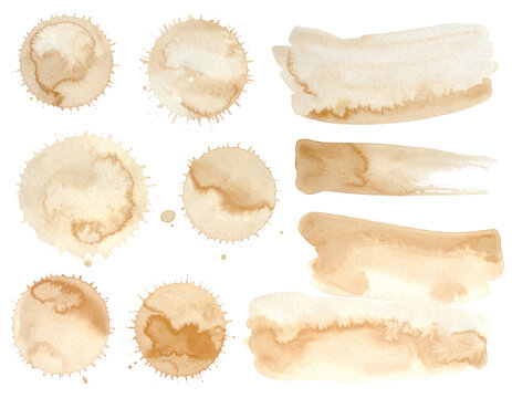 Set of abstract watercolor beige and brown splashes or coffee stains isolated on white background
