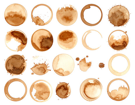 Set of abstract watercolor beige and brown splashes or coffee stains isolated on white background