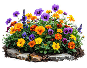 Colorful pansies and other blooms spilling out of a small stone bed
