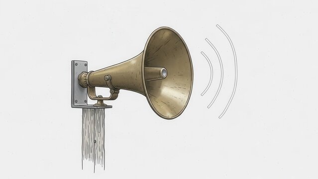 Classic horn speaker broadcasting vital information mounted on rustic pole with sound propagation