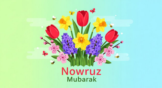 Vibrant nowruz mubarak floral bouquet with tulips daffodils and lavender on a colorful gradient background